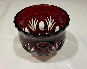 Ruby Red and Cut-To-Clear Lead Crystal Glass Candy Dish 3", Made in Hungary