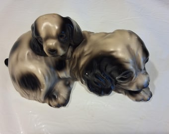 Vintage Black & White Cocker Spaniel Mother and Puppy Dog Ceramic Figurine (unmarked), Made in Japan