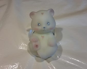 Vintage Hand-Painted by Debi L. Fenton Satin Glass Sitting Bear Figurine With Blue Eyes, Flowers and Raspberry On Back of Head