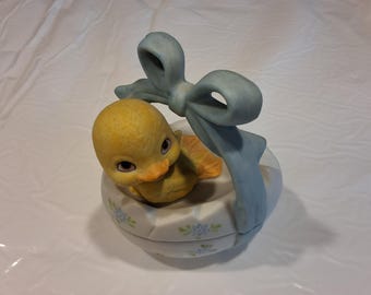 Vintage Hand-Painted Lefton Porcelain Bisque  Yellow Duck/Blue Trinket Dish Basket (No. 03691), Made in Taiwan