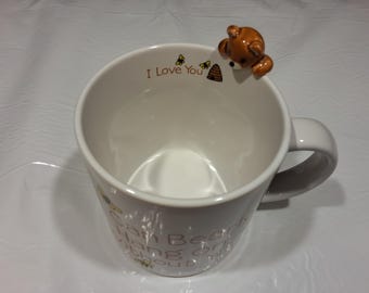 Vintage 1966 "I Can Bearly Hang On Without You" Ceramic Coffee Mug, 13 oz, With 3-D Teddie Bear on lip, Muggamals by Applause, Made in Japan