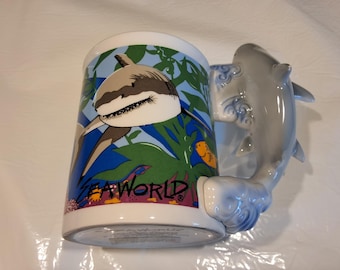 Vintage Sea World With 3-D Great White Handle Ceramic Souvenir Mug, 12 oz, Made in Taiwan