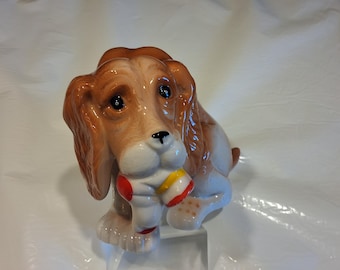 Vintage 1990's Brown Porcelain Sitting Cocker Spaniel Dog Figurine With Sock