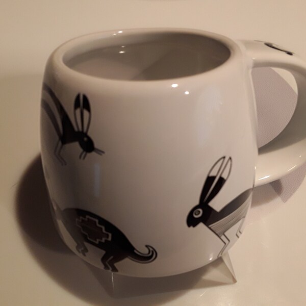 Vintage 1998 Mimbres Design Southwest Rabbit White and Black Ceramic Coffee Mug, 10 oz, No. 207, The Treasure Chest, Las Cruces, NM