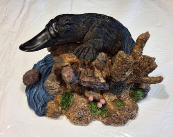 Vintage Black Duck-Billed Platypus in Naural Environment Resin Figurine, Herco Gift Professional