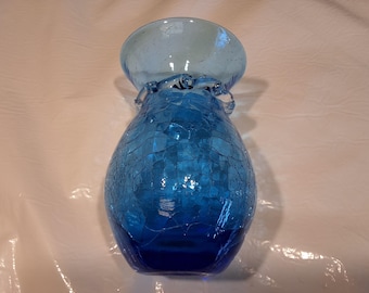 Vintage Hand-Blown Blue Crackle Glass Bud Vase With Applied Swirl Ring (unmarked)