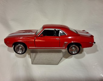 Vintage 1969 Red With White Stripes Chevrolet Camaro SS Diecast Metal Toy Car With Pull-Back Action, 1:36 Scale, RMZ/JFL Enterprises, #2555B
