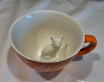 Orange/White Ceramic Coffee Cup With 3-D Fox Inside, 11 oz, Creature Cups
