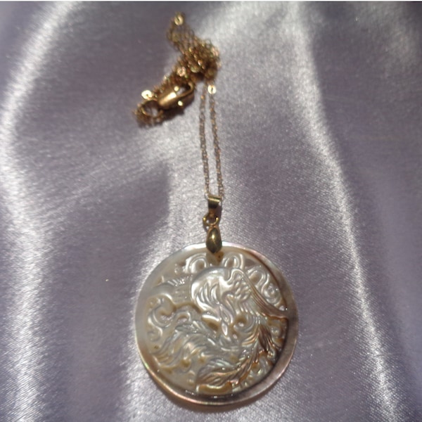 Exotic Carved Shell Pendant on Gold Filled Chain- Beautiful Carved Medallion in Shell- 22" Gold Filled Chain- Unique Bird Motif in Shell