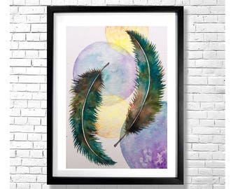 I'LL FLY AWAY #1 - Teal Green Blue Purple Yellow Brown Gray Bohemian Abstract Feathers Watercolor Art Print Poster Wall Decor