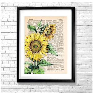 SUNFLOWER PRINT on Dictionary Page Vintage Style Watercolor Art Botanical Poster Illustration ...
