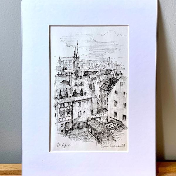 Black and White Architecture Drawing Print - Ink Drawing of Budapest Old City Landscape Cityscape