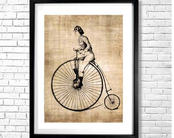 Woman Figure Drawing Steampunk Vintage Bicycle Print - Woman Riding an Old High Wheel Bicycle Retro Antique Art Wall Decor Sepia