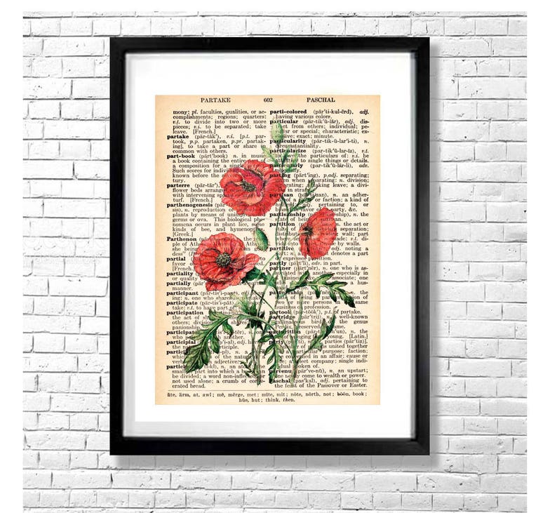 POPPIES Drawing Print Red Poppy Flowers Botanical Watercolor Illustration on an Old Dictionary Page Background Art Print Poster image 1