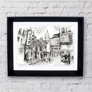 Directamente del artista: Dibujo de tinta Montmartre París Bellas Artes Impresión Ciudad Sketch Ciudad Sketch
