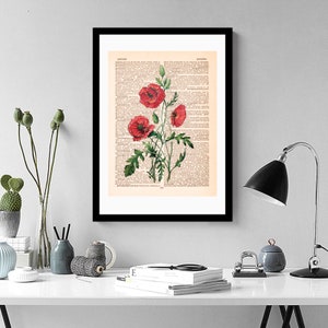 POPPIES Drawing Print Red Poppy Flowers Botanical Watercolor Illustration on an Old Dictionary Page Background Art Print Poster image 5