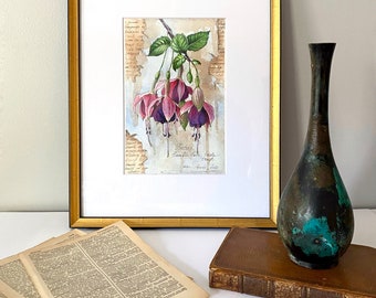 Framed Original Watercolor Art Small Fuchsia Flower Botanical Painting Vintage Style Illustration Victorian Floral