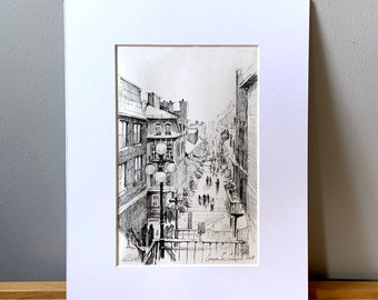 Fine Art Print Ink Drawing of Quebec City Canada Winter Black and White Cityscape Landscape Sketch Architecture Street Poster Wall Decor