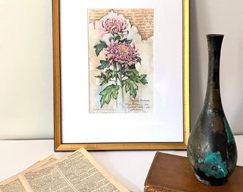 Framed Original Watercolor Art Small Chrysanthemum Flower Botanical Painting Vintage Style Illustration Victorian Floral