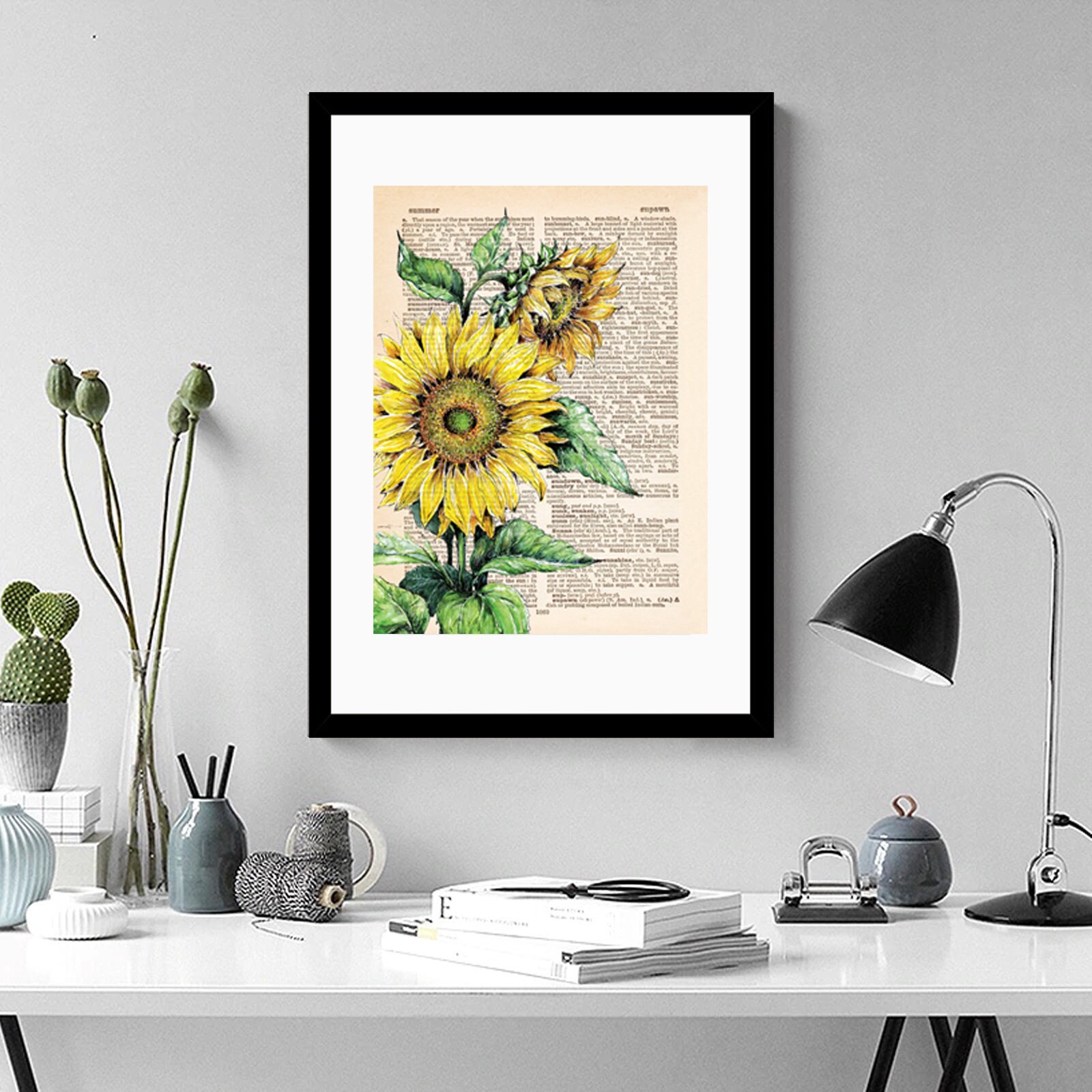 SUNFLOWER PRINT on Dictionary Page Vintage Style Watercolor - Etsy