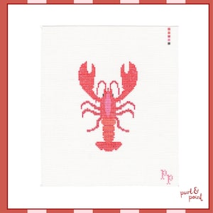 May include: A white needlepoint canvas featuring a centred red and pink lobster design. The top right corner displays a small colour key with red, pink, and black symbols. The bottom right corner features the stitched letters Pp and the text purl & point.