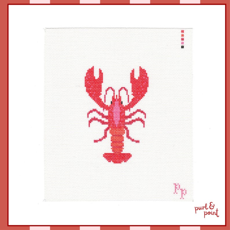 May include: A white needlepoint canvas featuring a centred red and pink lobster design. The top right corner displays a small colour key with red, pink, and black symbols. The bottom right corner features the stitched letters Pp and the text purl & point.