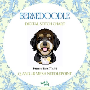 May include: Digital stitch chart featuring a pixelated Bernedoodle dog. The design includes the text "BERNEDOODLE" and "DIGITAL STITCH CHART". The pattern size is 77 x 84. The background has a floral pattern.
