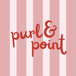 May include: A graphic design featuring vertical stripes in alternating shades of light pink and white. Centered on the background is the text "purl & point" written in a bold, red, cursive-style font with rounded, flowing letterforms.