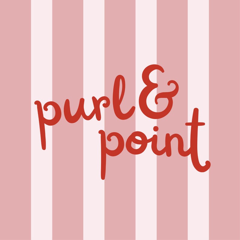May include: A graphic design featuring vertical stripes in alternating shades of light pink and white. Centered on the background is the text "purl & point" written in a bold, red, cursive-style font with rounded, flowing letterforms.