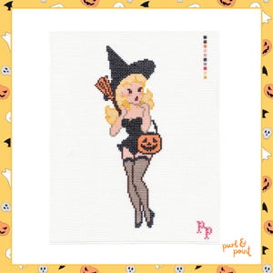 May include: A cross-stitch pattern on white fabric featuring a blonde figure wearing a black witch hat, a black outfit, and dark stockings. The figure holds a broom and an orange jack-o'-lantern bucket. The design includes a colour key and the text "pp" and "purl & point".