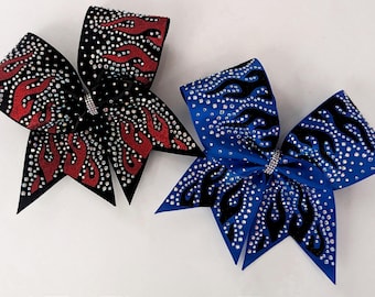 Satin Flames Rhinestone Cheer Bow, Cheer Bows, Crystallized Bows, Satin Cheer Bows, Tailless Cheer Bows, Flames Cheer Bow