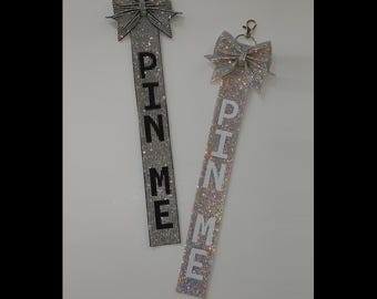 Extreme Rhinestone PIN ME Ribbon Strap,Pin Me Keychains,Pin Me Bag Tags, Cheer Gifts,Good Luck Pins,