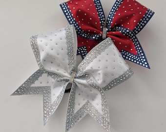 Satin Glitter Rhinestone Cheer Bow - your choice of colors, Glitter Cheer Bows, Cheer Bow, Rhinestone Cheer Bow