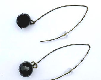 Viktorianische Schwarze Facettierte Glastropfen, antike Knopfohrringe