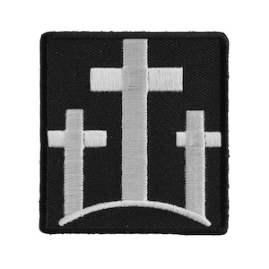 Patch, Embroidered Patch (Iron-On or Sew-On), Three Crosses (White on Black), 2.25&quot; x 2.5&quot;