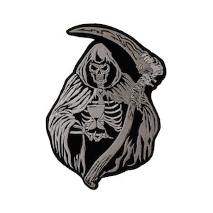 May include: A black and silver embroidered patch featuring a skeletal figure in a hooded robe holding a scythe. The figure is holding an hourglass in its skeletal hand.