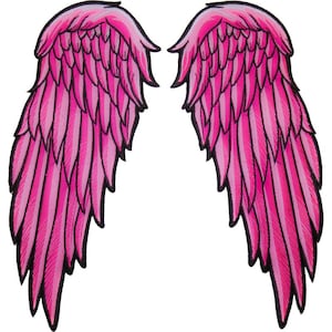 May include: A pair of pink angel wings with a feathered design. The wings are outlined in black.