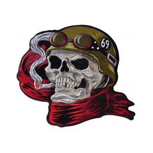 Large Back Patch, Embroidered Patch (Iron-On or Sew-On), Biker Skull Military Helmet Cigar Large Back Patch, 11.5" x 10"