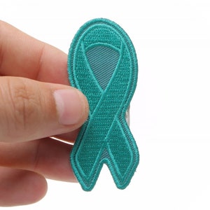 Patch, Embroidered Patch (Iron-On or Sew-On), Teal PTSD Awareness Ribbon, 3&quot; x 1.25&quot;