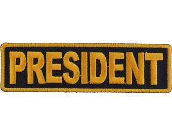 Patch, Embroidered Patch (Iron-On or Sew-On), Club Rank Position, President (Yellow on Black), 3.5" x 1"