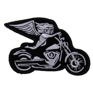 May include: White embroidered patch of an angel riding a motorcycle on a black background.