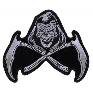 May include: Embroidered patch featuring a grim reaper with a skull face and a hooded cloak. The reaper has crossed scythes. The design is primarily black and white, with detailed stitching. This patch is suitable for jackets, bags, or other apparel.