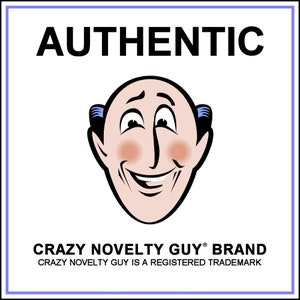 May include: A white square with a black border and a blue border. The text "AUTHENTIC" is in black at the top. A cartoon face of a man with a blue hair is in the center. The text "CRAZY NOVELTY GUY&reg; BRAND" is in black at the bottom. The text "CRAZY NOVELTY GUY IS A REGISTERED TRADEMARK" is in black below the brand name.