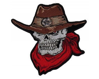 Patch, Embroidered Patch (Iron-On or Sew-On), Cowboy Skull Hat Bandana, 4.5" x 4.5"