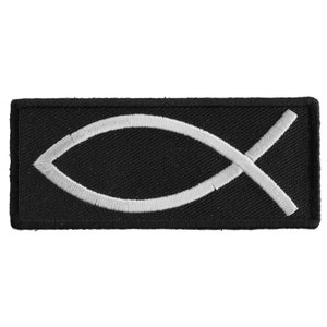 May include: A black fabric patch with a white embroidered Ichthys symbol, also known as the Jesus fish.