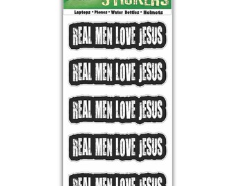 Bumper Sticker: Real Men Love JESUS, 5pk Small Stickers, Faith, Christian, Helmet Sticker 3" x 1"