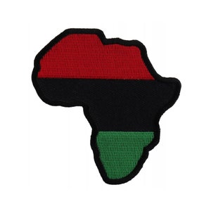 May include: A red, black, and green embroidered patch in the shape of the continent of Africa.