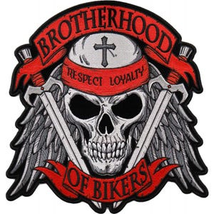 May include: A black and white skull with wings and crossed swords, wearing a red bandana with the words "Respect Loyalty" and a white cross. The skull is surrounded by a red banner with the words "Brotherhood of Bikers".
