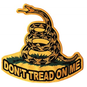 May include: A yellow and black embroidered patch with a coiled rattlesnake and the text "Don't Tread On Me".