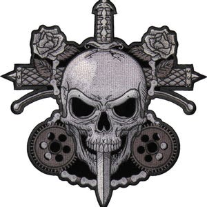 May include: A silver skull with a dagger through its forehead, surrounded by roses and gears. The skull has a menacing expression and is set against a white background.
